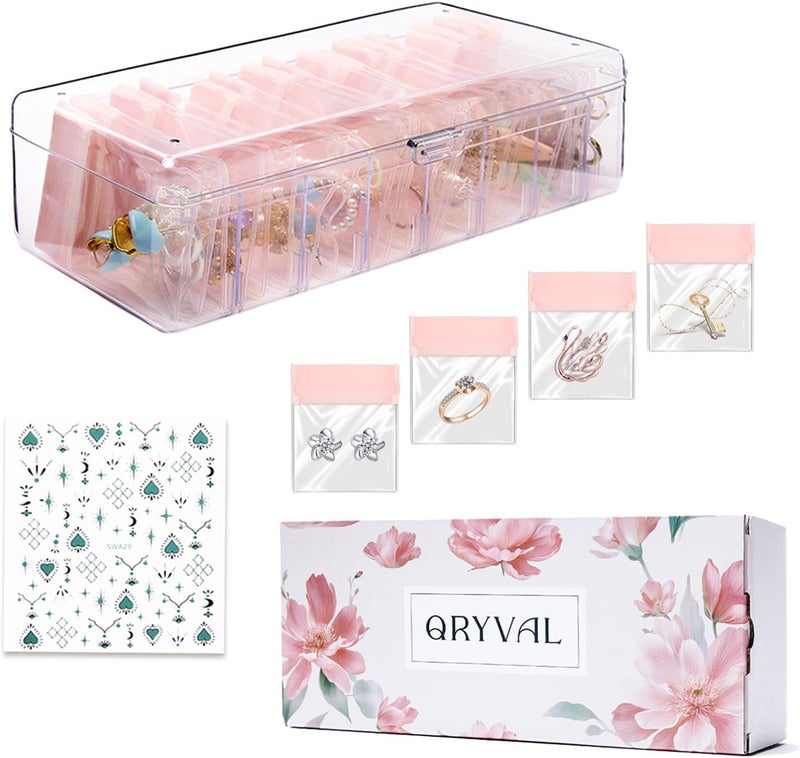 Qryval Jewelry Organizer and Storage Box with 24 EVA Anti Tarnish Bags, Travel Acrylic Case for Earrings, Necklaces & Rings, Elegant Gift for Women & Girls (S&Organizer(Clear)) - Image 1